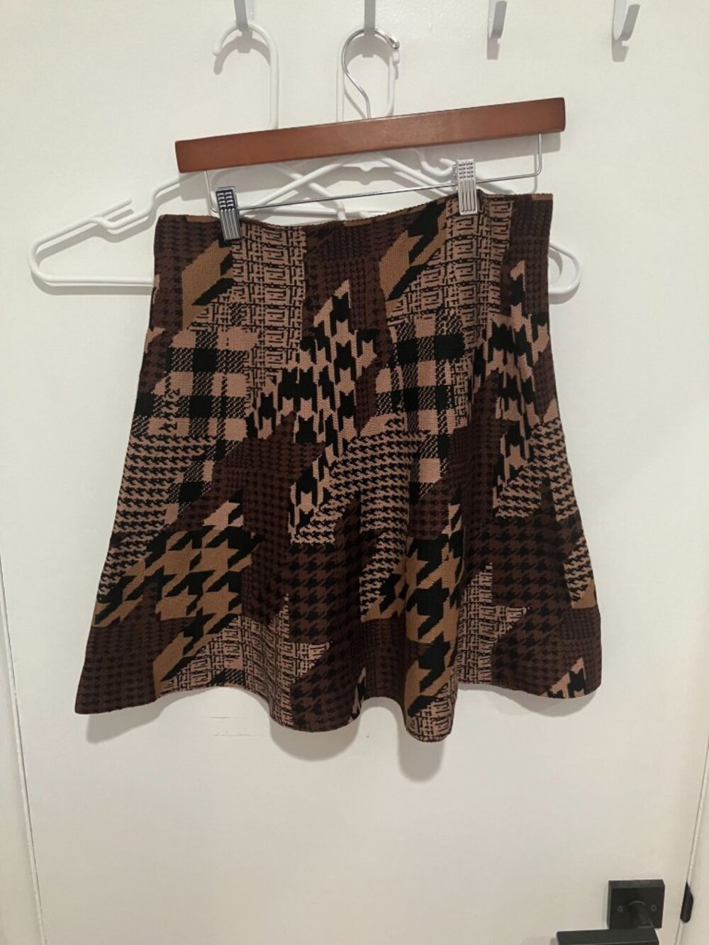 Classic Concepts Women's Patchwork Houndstooth A-Line Skirt, Brown, Petite XL